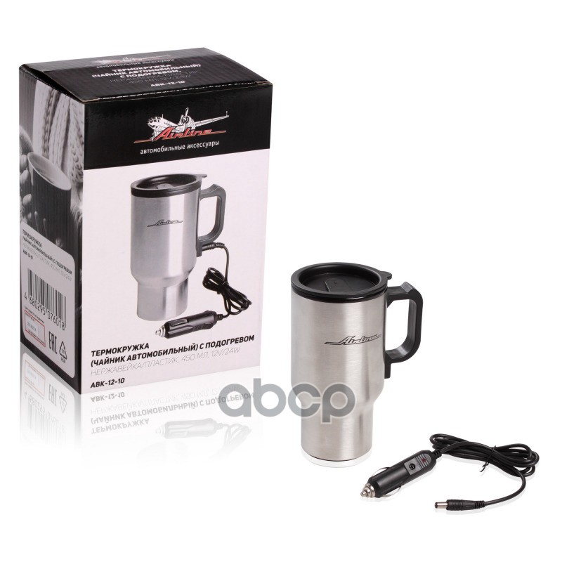 Термокружка (чайник автомобильный) с подогревом  нержавейка/пластик  450 мл  12V  24W (ABK-12-10 ) AIRLINE арт. abk-12-10