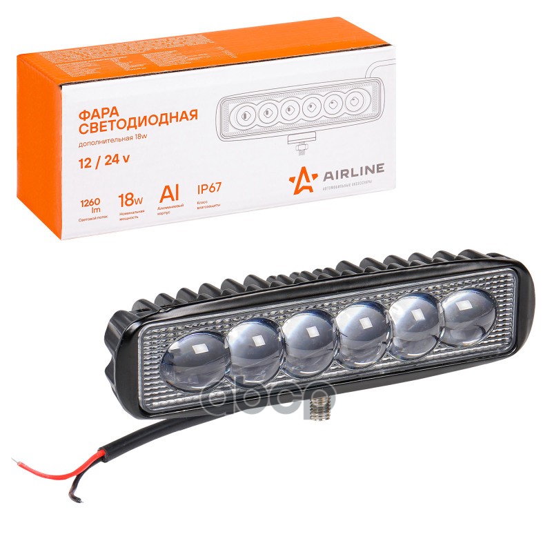 Фара светодиодная прямоугольная, 6 LED 4D линза, 18W, 157х42х40 12/24V ALED006 AIRLINE арт. ALED006
