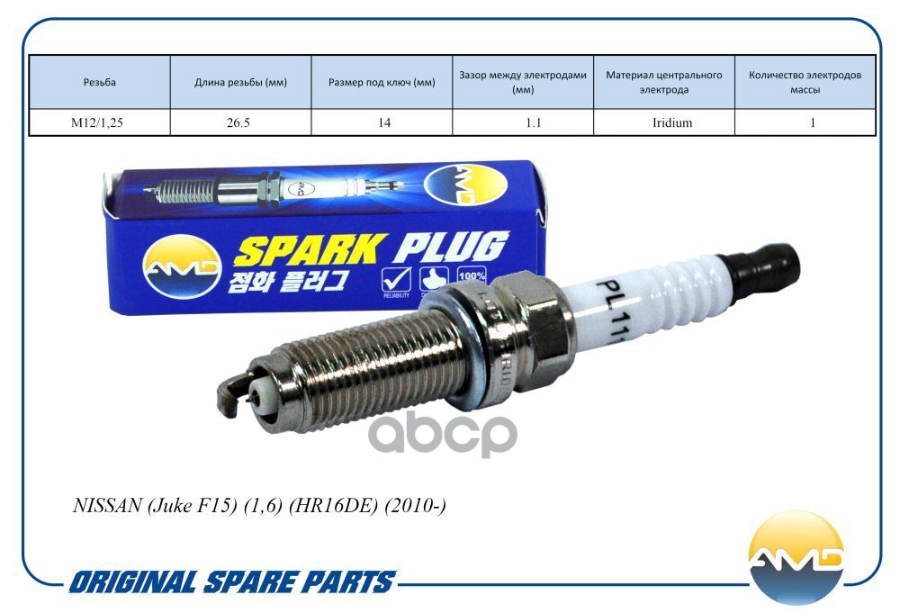 Свеча зажигания (Iridium) NISSAN Juke F15, 1,6, HR16DE, 2010- AMDPL111 AMD арт. AMDPL111