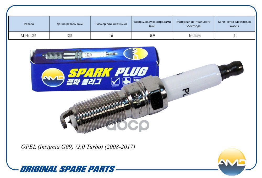 Свеча зажигания (Iridium) OPEL Insignia G09, 2,0 Turbo, 2008-2017 AMDPL124 AMD арт. AMDPL124