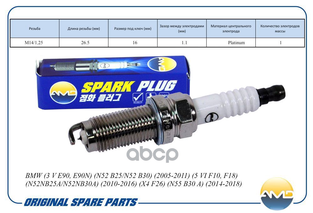 Свеча зажигания (Platinum) BMW 3 V E90, E90N, N52 B25/N52 B30, 2005-2011, 5 VI F10, F18, N52NB25A/N52NB30A/N52NB30BF, 2010-20...
