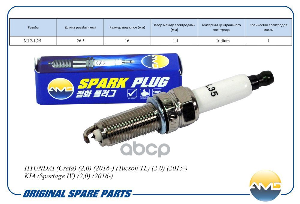 Свеча зажигания (Iridium) HYUNDAI Creta, 2,0, 2016-, Tucson TL, 2,0, 2015-, KIA Sportage IV, 2,0, 2016- AMDPL35 AMD арт. AMDPL35