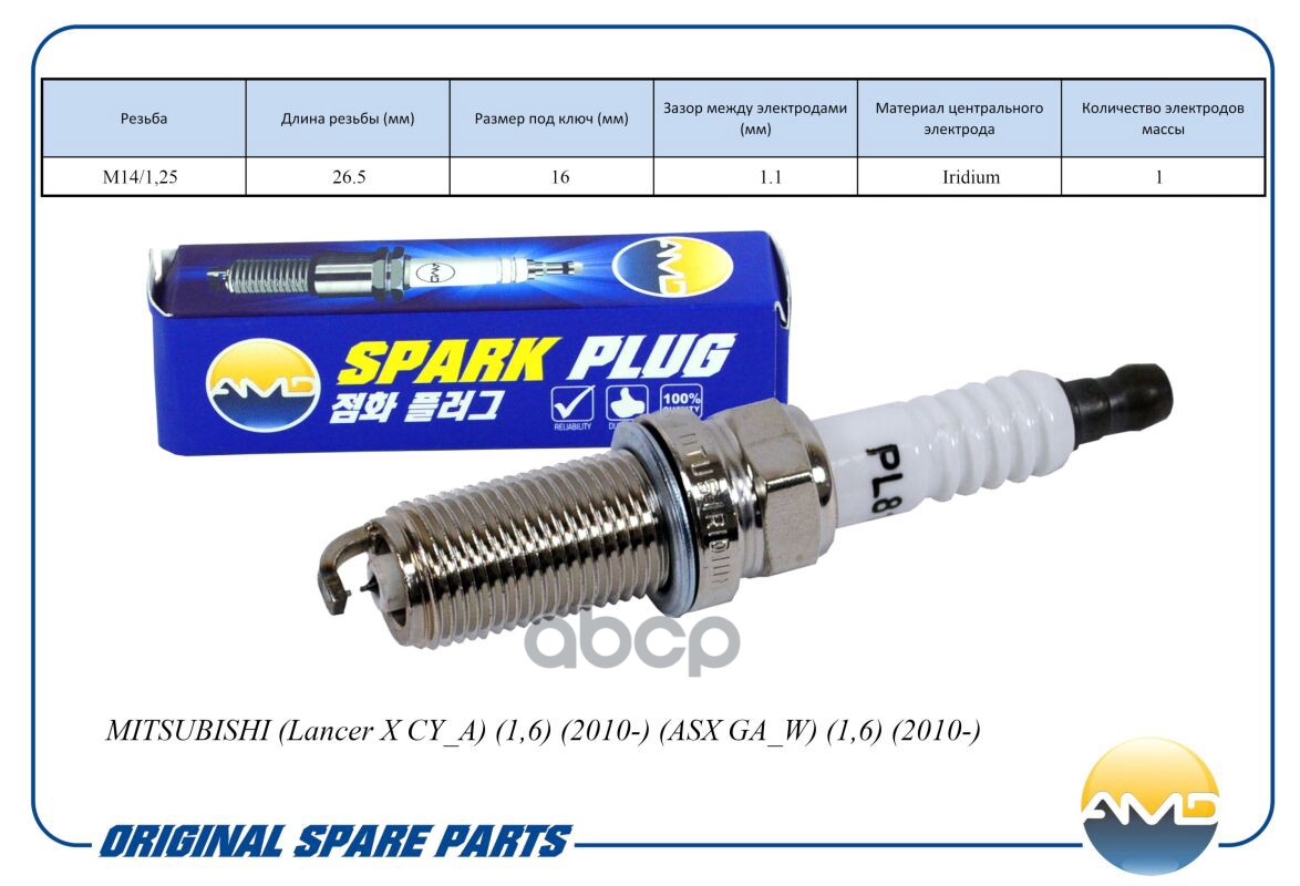 Свеча зажигания (Iridium) MITSUBISHI Lancer X CY_A, 1,6, 2010-, ASX GA_W, 1,6, 2010- AMDPL81 AMD арт. AMDPL81
