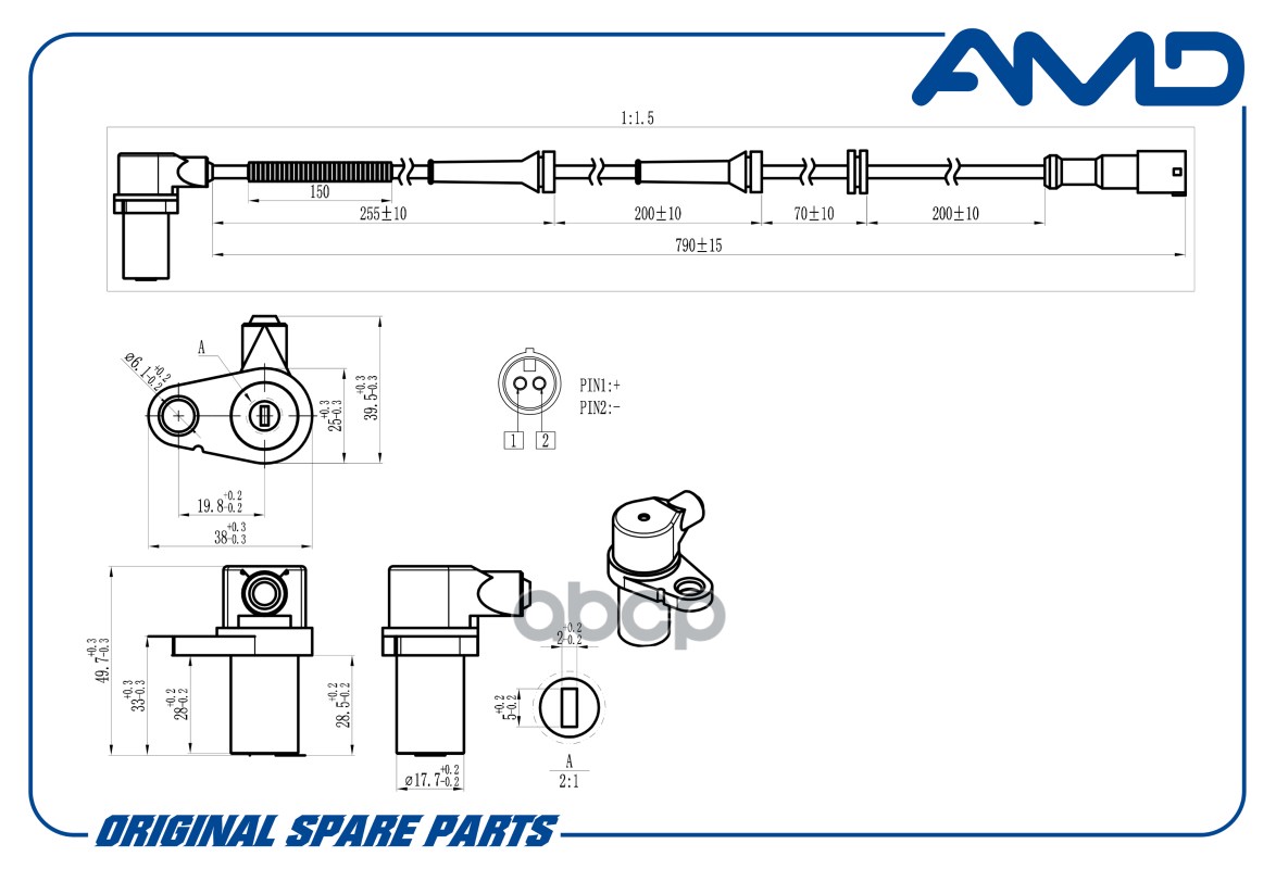 Датчик ABS передний правый CHEVROLET Lacetti J200 AMDSEN153 AMD арт. AMDSEN153