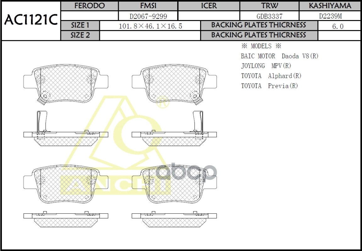 Тормозные Колодки Toyota Avensis  T25 , Corolla Euro, Estima  Задн. ANCHI арт. AC1121C