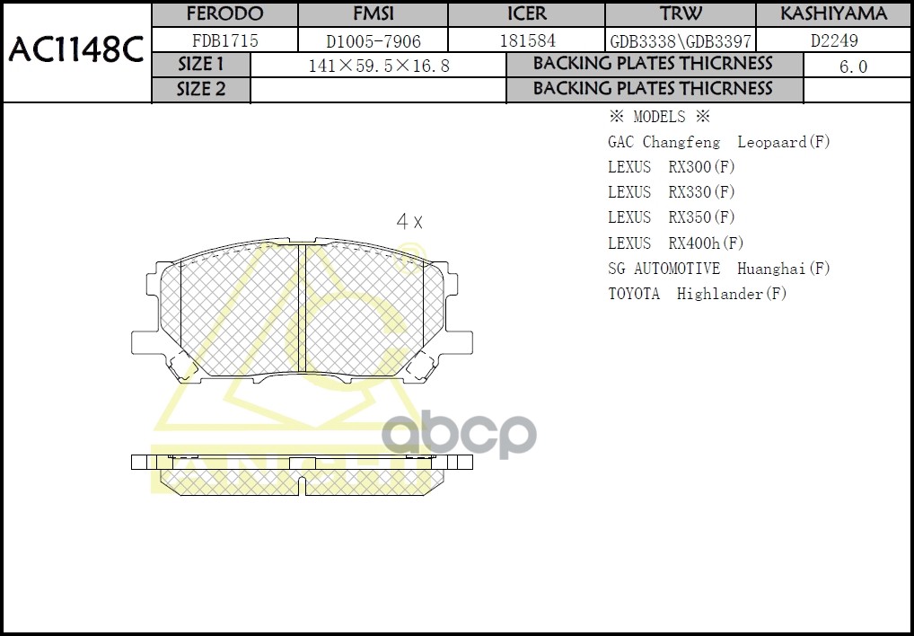 Тормозные колодки TOYOTA Harrier  U3 , RX350 Передн. ANCHI арт. AC1148C
