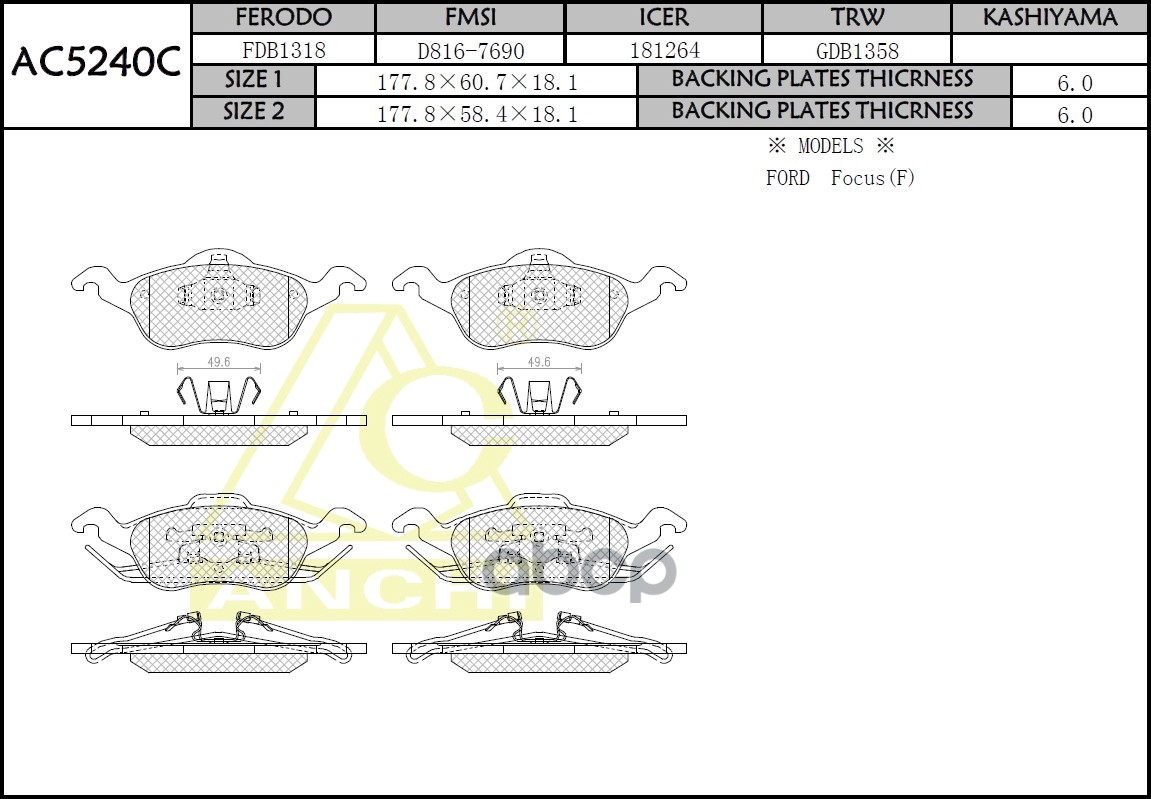 Тормозные Колодки Ford Focus I  98-  Fr ANCHI арт. AC5240C