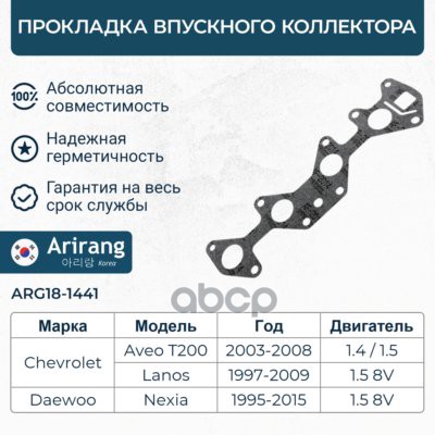 Прокладка впускного коллектора Daewoo (Lacetti 04-/Aveo 03-/Nexia 96 (1.5 SOHC) A15SMS Arirang арт. ARG181441