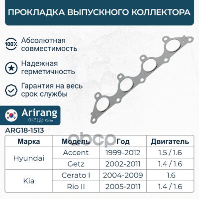 Прокладка выпускного коллектора Hyundai (Accent 1.5 DOHC) Arirang арт. ARG181513