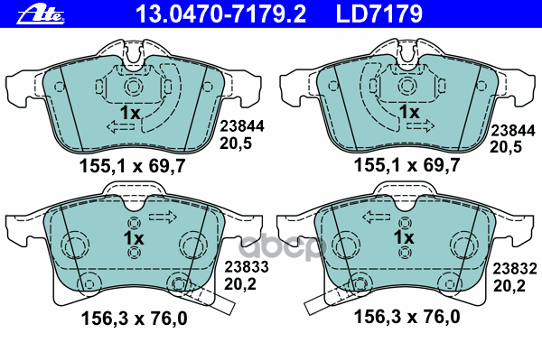 Колодки передние OPEL Astra H/Corsa D/Zafira B/155.4x70.6/t=20.3mm ATE 13.0470-7179.2 Ate арт. 13.0470-7179.2
