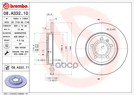 Диск Тормозной Задн. С Уф Покрытием Audi A4 (8Ec  B7) 11/04-06/08 / Audi A4 Avant (8Ed  B7) 11/04-06 Brembo арт. 08.a332.11