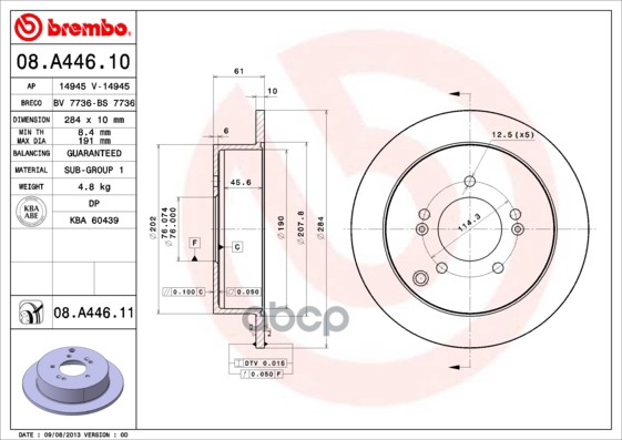 Диск тормозной задн. с УФ покрытием HYUNDAI ix35 (LM  EL  ELH) 08/09-> / HYUNDAI SANTA F? I (SM) 11/ Brembo арт. 08.a446.11