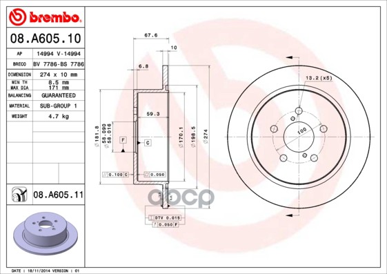 Диск тормозной задн. с УФ покрытием SUBARU LEGACY IV (BL) 09/03-12/15 / SUBARU LEGACY IV Estate (BP) Brembo арт. 08.a605.11