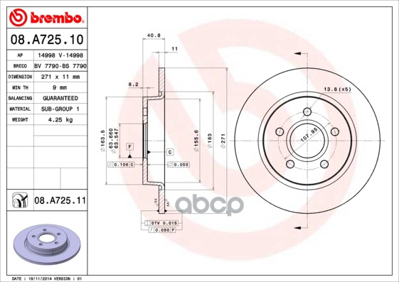 Диск тормозной (Сзади) Ford Focus 10- Brembo арт. 08.A725.10