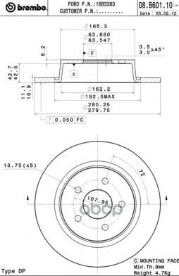 Диск тормозной задн. FORD C-MAX II (DXA/CB7  DXA/CEU) 04/10-> / FORD C-MAX II Van 12/10-> / FORD GRA Brembo арт. 08.b601.10