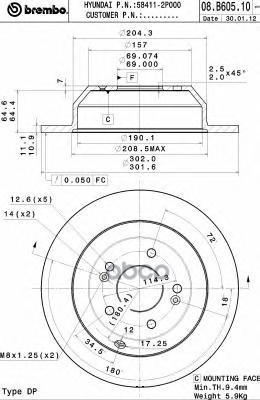 Диск тормозной задн. HYUNDAI GRAND SANTA FE 01/13-> / HYUNDAI SANTA FE II (CM) 10/05-12/12 / HYUNDAI Brembo арт. 08.b605.10