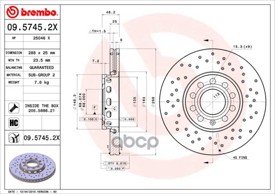 Диск Тормозной Xtra | Перед | Brembo арт. 0957452X