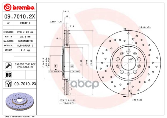 Диск тормозной передний вентилируемый Xtra 288мм Brembo арт. 0970102X