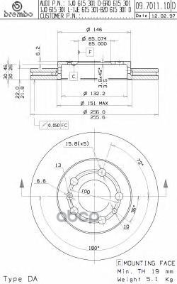 Диск Тормозной Передний Вентилируемый 256Мм Brembo арт. 09701114