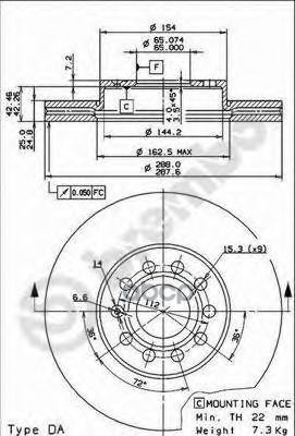 Диск тормозной передний вентилируемый 288мм Brembo арт. 09914514