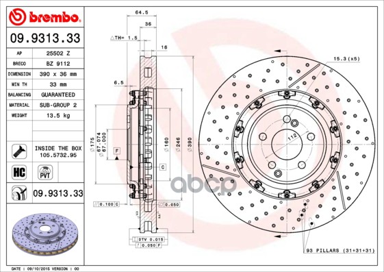 Диск Тормозной Передний Вентилируемый Pvt 390Мм Brembo арт. 09931333