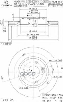 Диск тормозной передн. с УФ покрытием HYUNDAI COUPE (GK) 01/01-12/12 / HYUNDAI SONATA V (NF) 12/04-1 Brembo арт. 09.9574.11