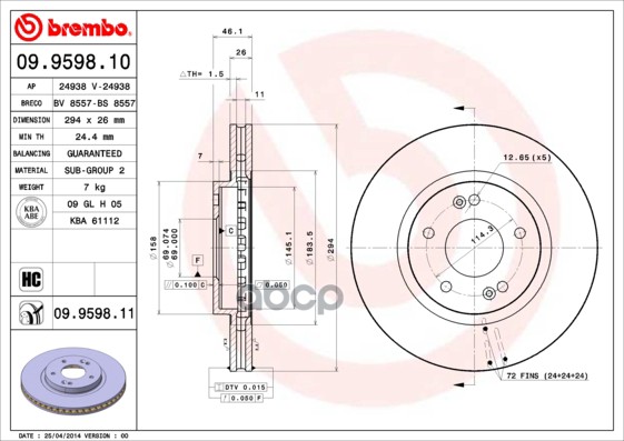 Диск Тормозной, Hyundai Santa Fe I (Sm) 11/00-03/06 Brembo арт. 09959811