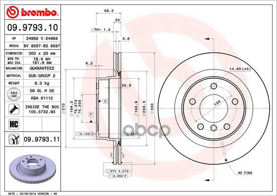 Диск Тормозной Задний Вентилируемый 300Мм Brembo арт. 09979310