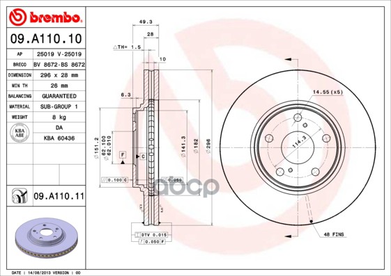 Диск тормозной передний вентилируемый 296мм Brembo арт. 09A11011