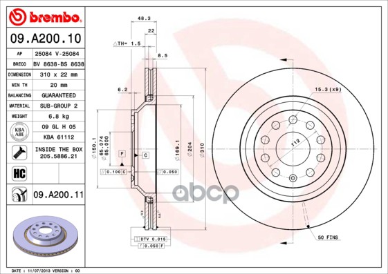 Диск тормозной Brembo Painted Disc 09.A200.11 Brembo арт. 09.A200.11