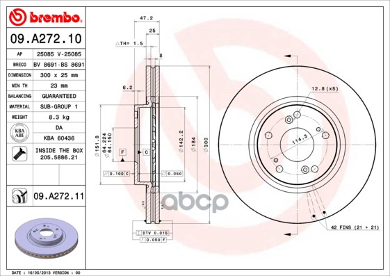Диск тормозной (Спереди) Honda Accord 05-08 / Civic 00-09 Brembo арт. 09.A272.11