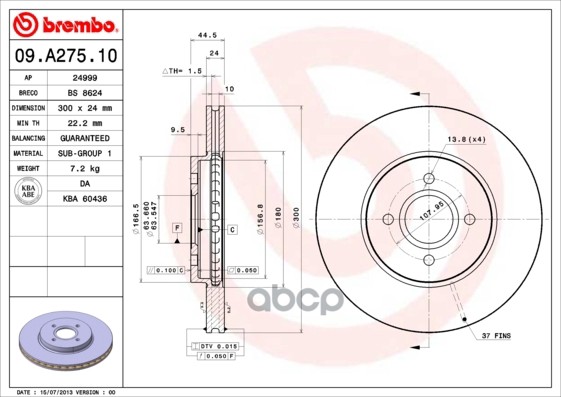 Диск Тормозной Передн Ford: Focus 02-04, Focus Универсал 02-04 Brembo арт. 09.A275.10