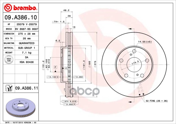 Диск тормозной передн. с УФ покрытием LEXUS ES (VCV10_  VZV21_) 09/89-12/97 / TOYOTA AVENSIS VERSO ( Brembo арт. 09.a386.11