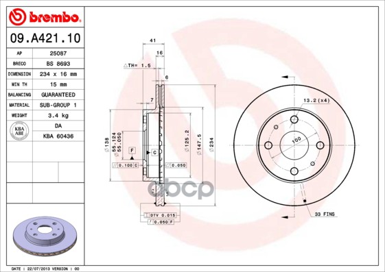 Диск Тормозной Передн. Daihatsu Charade (L2_) 03/03-> / Daihatsu Cuore Vi (L251  L250_  L260_) 03/0 Brembo арт. 09.a421.10