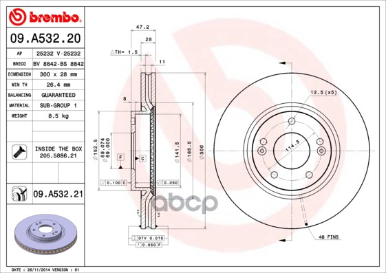 Диск тормозной передн. с УФ покрытием HYUNDAI i30 (FD) 10/07-05/12 / HYUNDAI i30 (GD) 06/11-> / HYUN Brembo арт. 09.a532.21