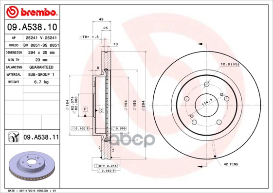 Диск Тормозной Передний Вентилируемый 294Мм Brembo арт. 09A53810