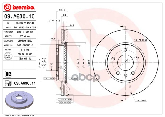 Снят, Замена 09.A630.11 Диск Тормозной Standard | Перед | Brembo арт. 09A63010