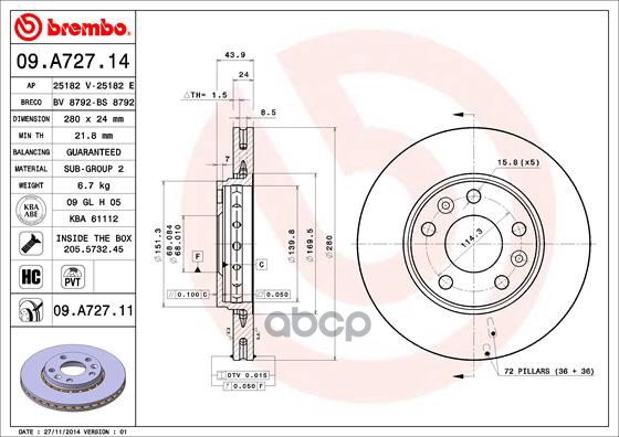 Диск тормозной (Спереди) Nissan Terrano 14-22 / Renault Arkana 18- Brembo арт. 09.A727.11