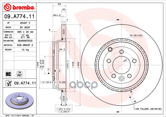 Диск тормозной задний LAND ROVER RR Sport 2009-> /Vent D=365mm BREMBO 09.A774.11 Brembo арт. 09.A774.11