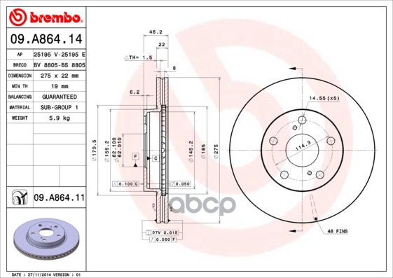 Диск тормозной передн. с УФ покрытием TOYOTA AURIS (_E15_) 10/06-09/12 / TOYOTA COROLLA Saloon (_E15 Brembo арт. 09.a864.11