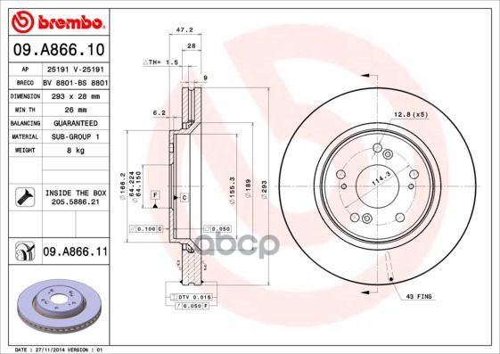 Диск тормозной передн. с УФ покрытием HONDA CR-V III (RE_) 06/06-> / HONDA CR-V IV (RM_) 01/12-> Brembo арт. 09.a866.11