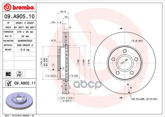 Диск тормозной передн. с УФ покрытием FORD C-MAX II (DXA/CB7  DXA/CEU) 12/10-> / FORD C-MAX II Van 1 Brembo арт. 09.a905.11