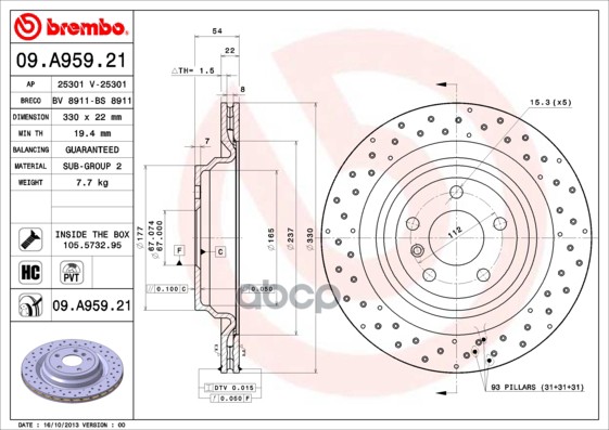 Диск Тормозной Задний Mb W166 /Perforated D=330Mm Brembo 09.A959.21 Brembo арт. 09.A959.21