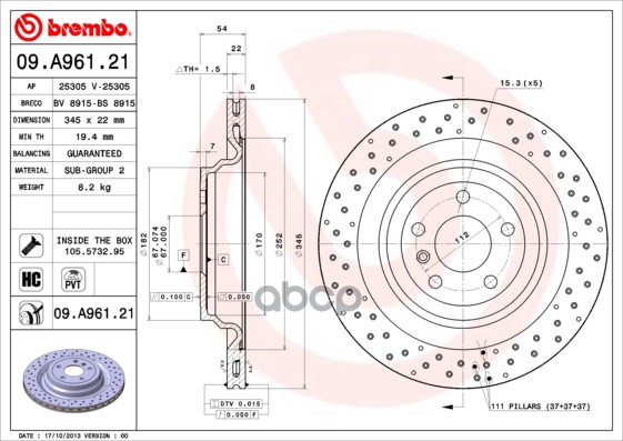 Диск Тормозной Перфорированный 09.A961.21 Brembo арт. 09.A961.21