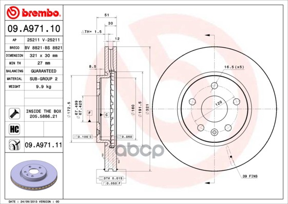 Диск Тормозной Передний Вентилируемый Brembo арт. 09A97110