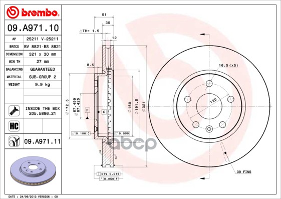 Диск Тормозной Передн. С Уф Покрытием Opel Insignia A (G09) 07/08-03/17 / Opel Insignia A Saloon (G0 Brembo арт. 09.a971.11