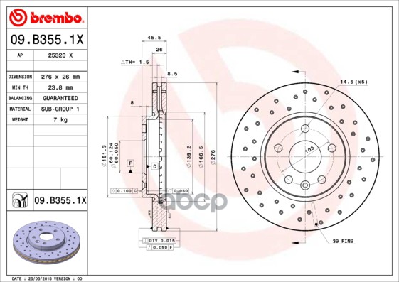 Диск тормозной передний вентилируемый Xtra 276мм Brembo арт. 09B3551X