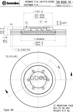 Диск Тормозной Hyundai: Terracan 2.5 D/2.5 Td/2.9 Crdi 4Wd/3.5 I V6 4Wd 01-06 Brembo арт. 09.B359.10