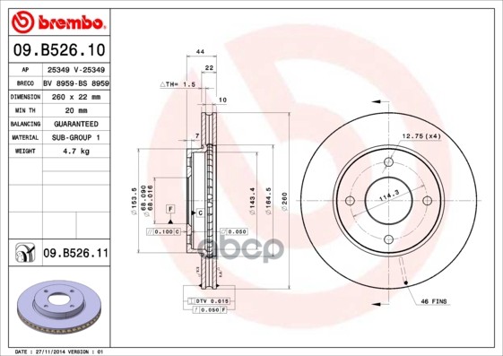 Диск Тормозной Передн. С Уф Покрытием Nissan (Dfac) Tiida Hatchback (C11) 07/05-> / Nissan (Dfac) Ti Brembo арт. 09.b526.11