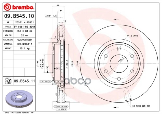 Диск тормозной передн. с УФ покрытием NISSAN PATROL VI (Y62) 04/10-> Brembo арт. 09.b545.11